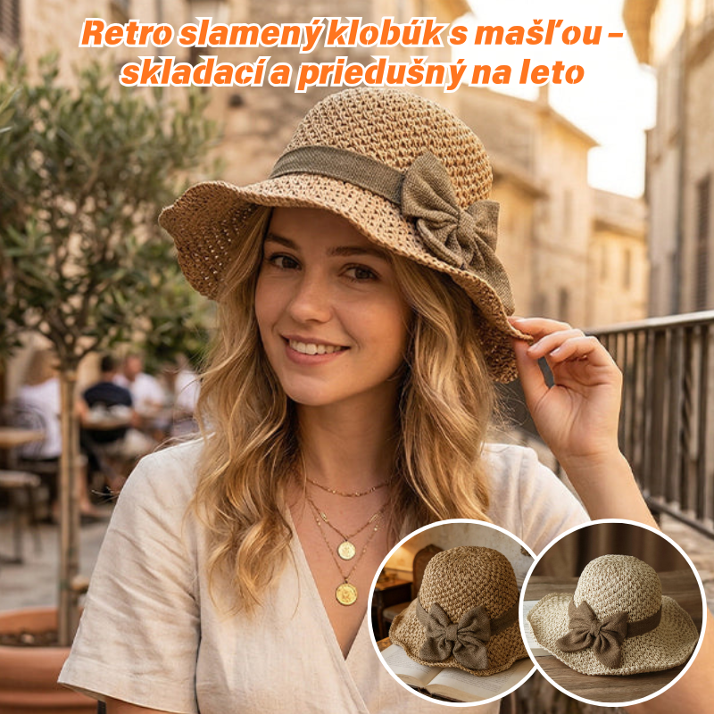 🎀🎀 50% ZĽAVA 👒 | Retro slamený klobúk s mašľou – skladací a priedušný na leto