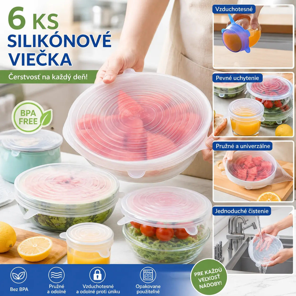 🥣Posledný deň výpredaja – 50 % zľava🔥 Silikónové viečka na uchovávanie potravín (balenie po 6 ks)