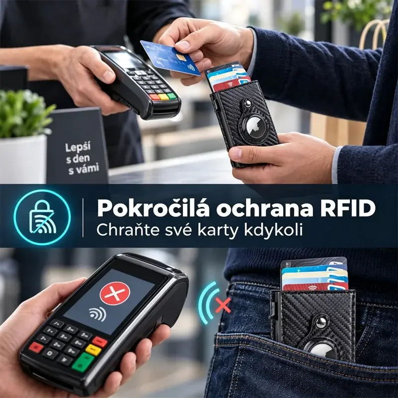 💰Peňaženka na karty s funkciami proti krádeži a demagnetizácii; zahŕňa RFID ochranu a možnosť sledovania pomocou AirTagu.