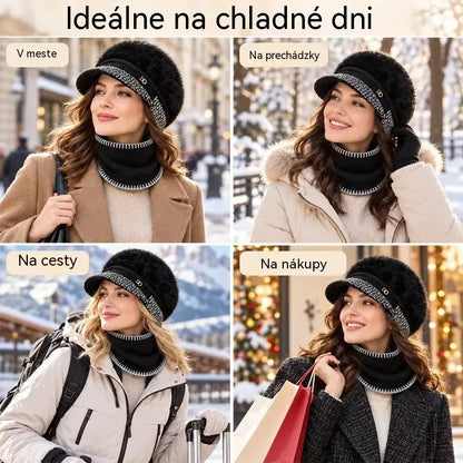 ❄️Štýlový dvojdielny zimný outfit: baseballová čiapka zo zmesi králičej kožušiny s klapkami na uši + pletený šál!