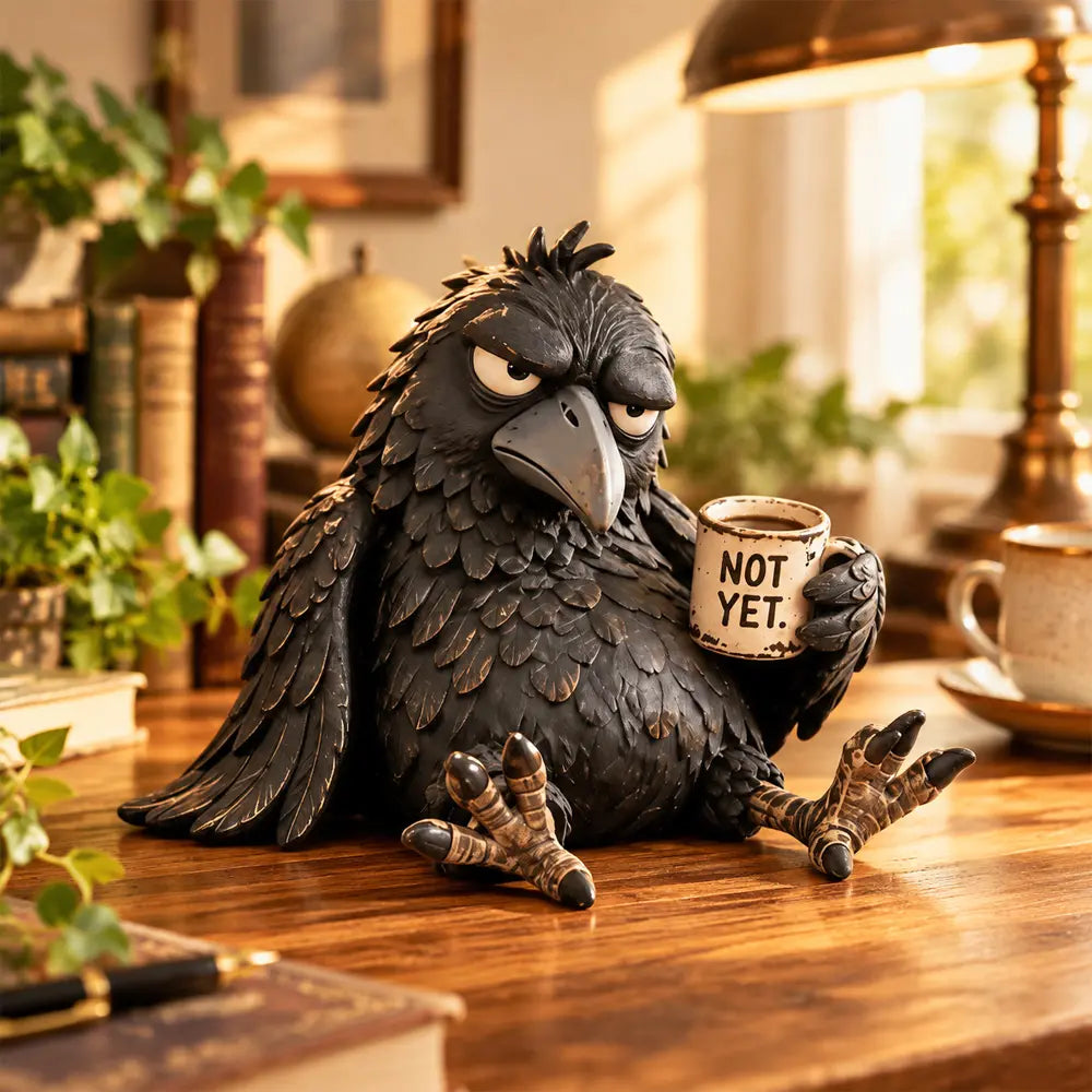 ☕😂 Figúrka nevrlej kávovej vrany – zábavná ranná dekorácia pre milovníkov kávy