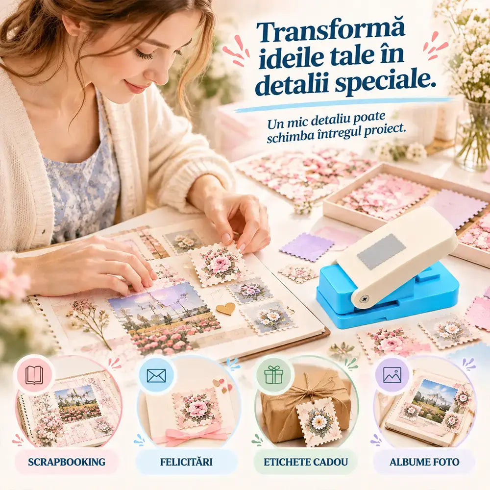 ✂️ Dierovač na okraje známok · Jedným stlačením vytvoríte presný okraj · Odolný kovový mechanizmus · Ideálny na scrapbooking, blahoželania a fotoalbumy!