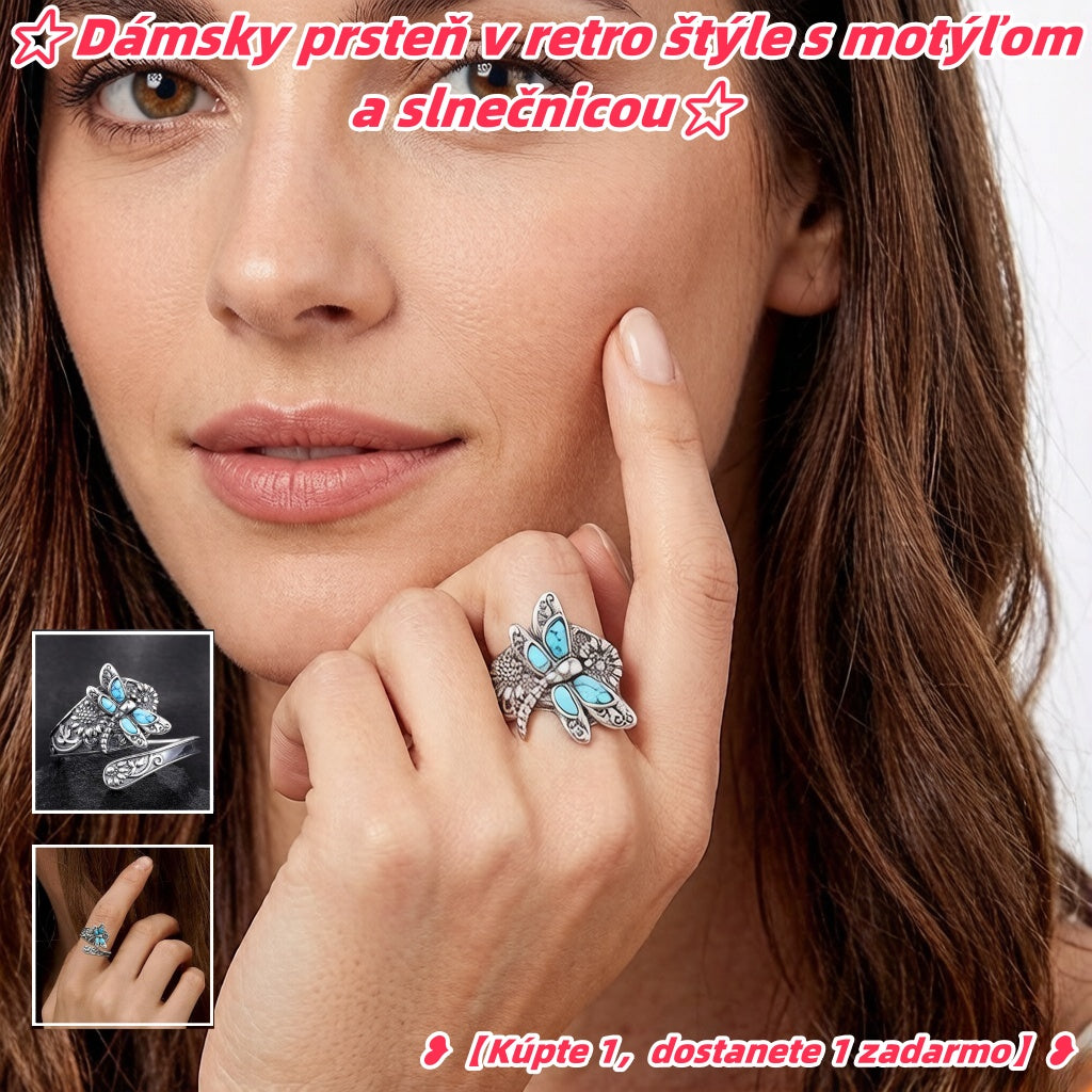 💍【Kúpte 1，dostanete 1 zadarmo】⭐Dámsky prsteň v retro štýle s motýľom a slnečnicou