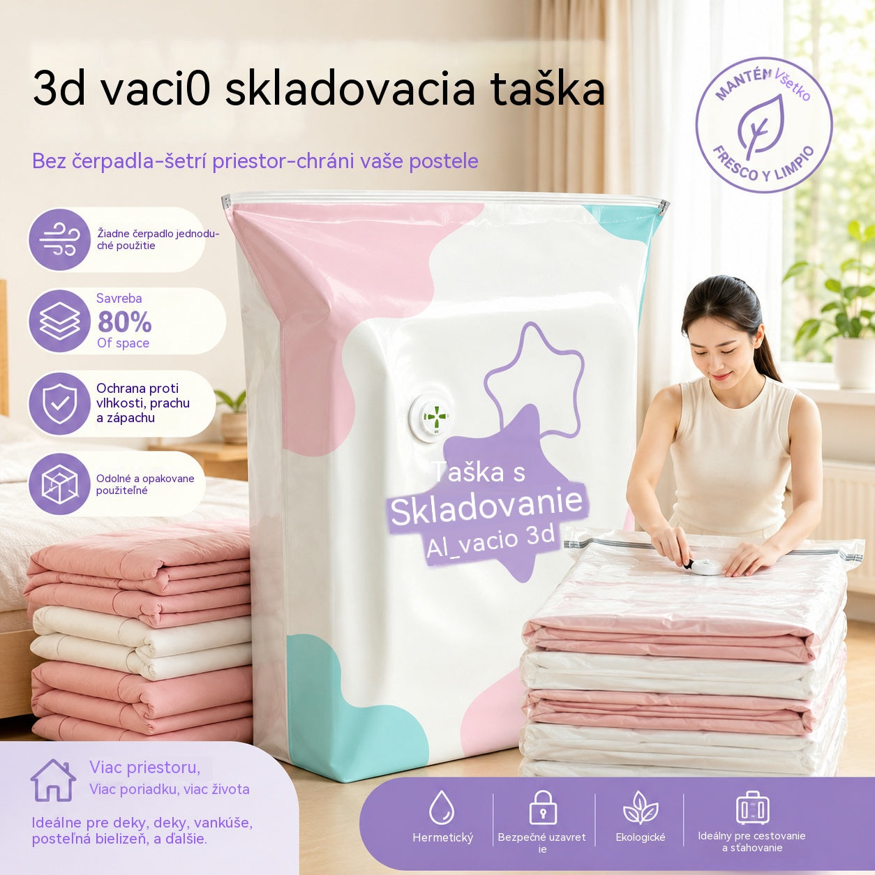 🧳【5-dielna sada】💨 Veľké, stlačiteľné vákuové úložné vrecko: nevyžaduje pumpičku, je nepriepustné a ideálne na úsporu miesta v kufri a doma ✈️